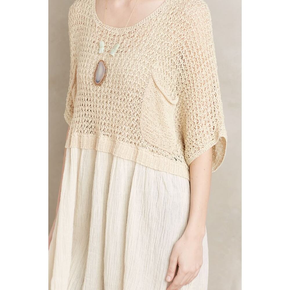 Mes Demoiselles Beige Cream Crochet Crinkle Mixed Media Boho Coastal Tunic Top L